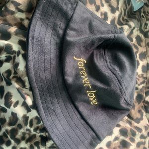 black worded bucket hat